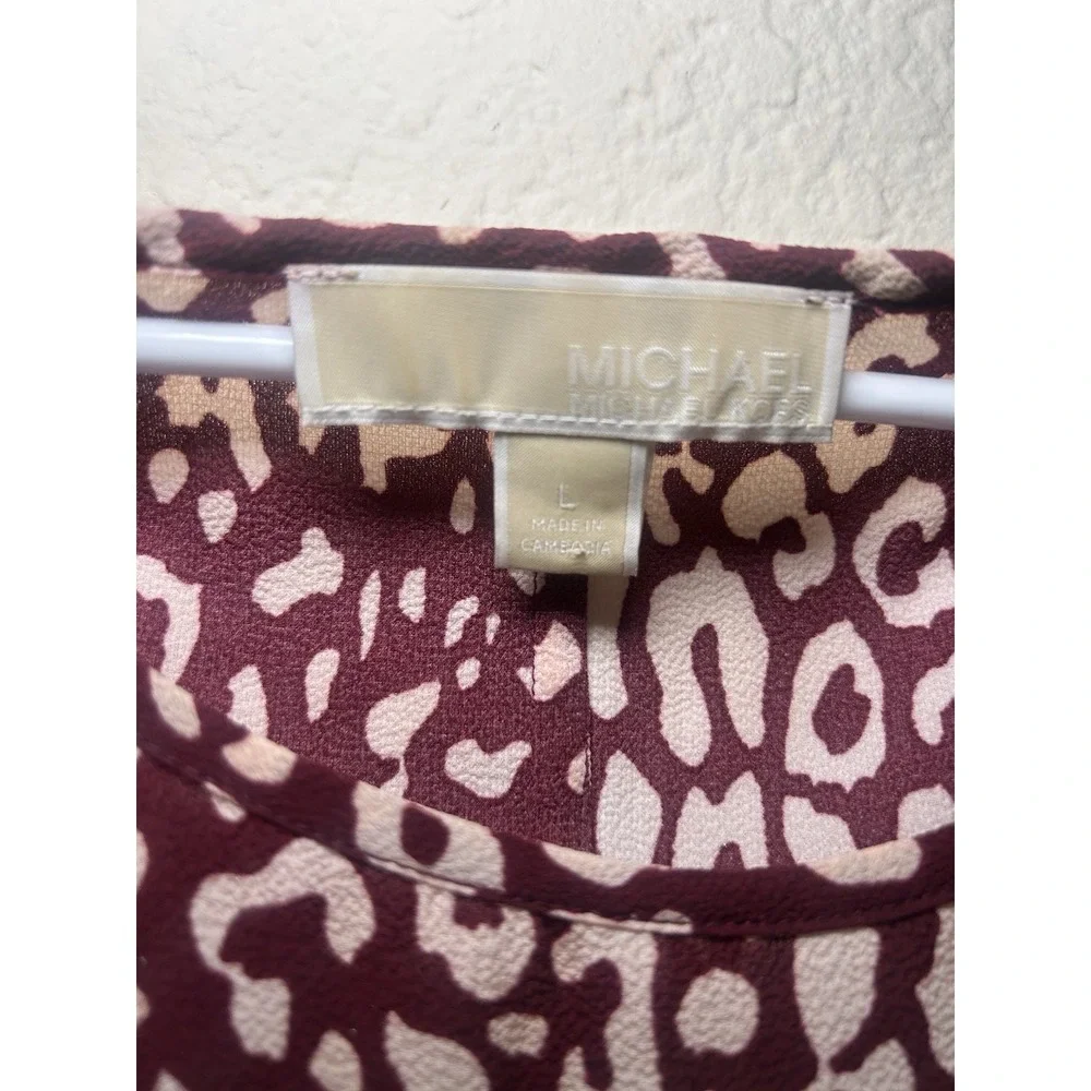 Michael Kors Maroon Animal Pring Long Bell Sleeve Women's Top Large Sheer Dinner